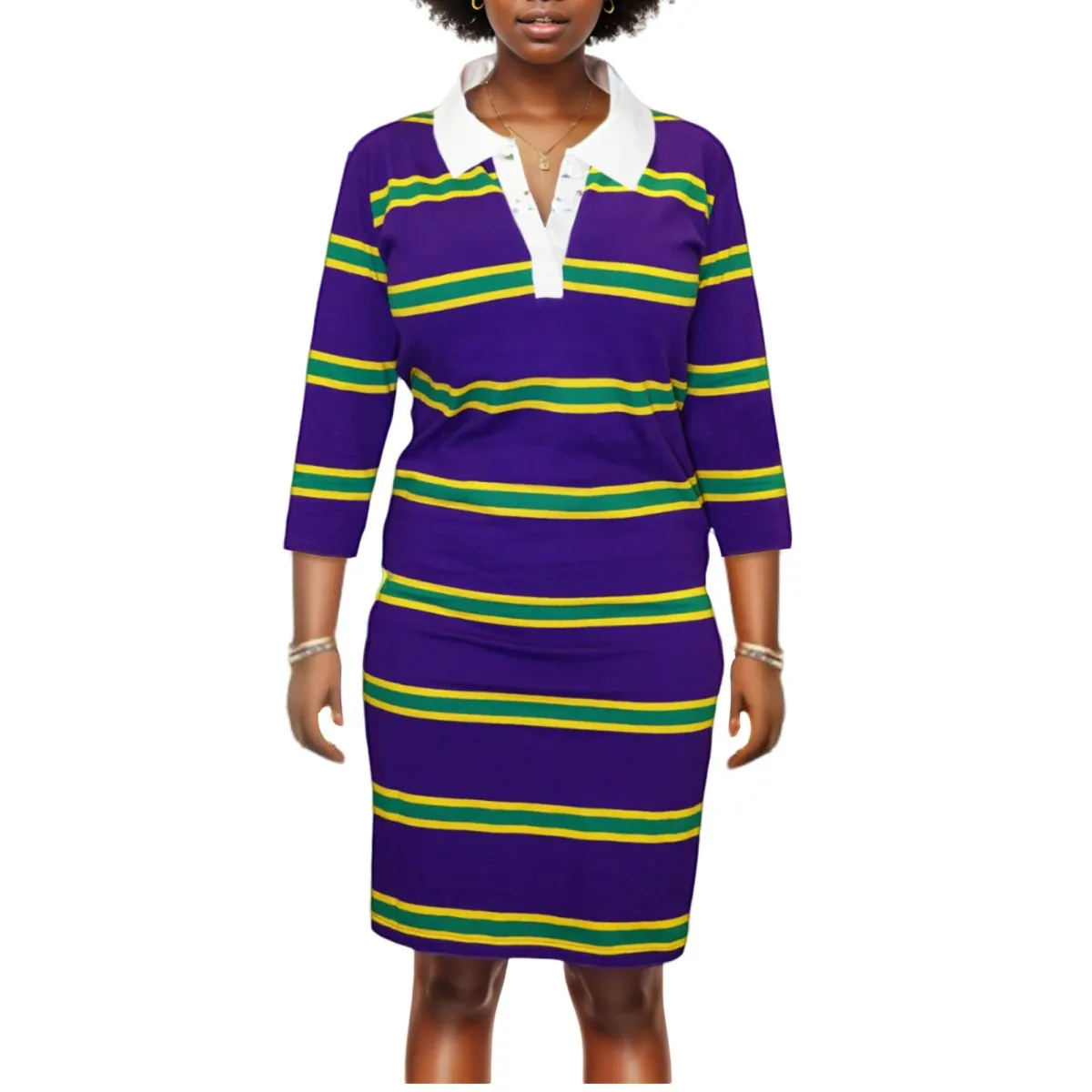Adult Mardi Gras Ladies Purple Dress with Gold & Green Stripes