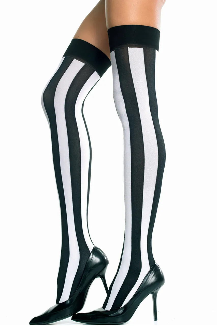 Black & White Opaque Vertical Striped Thigh Highs