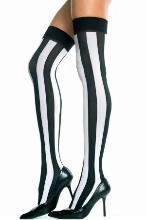 Black & White Opaque Vertical Striped Thigh Highs