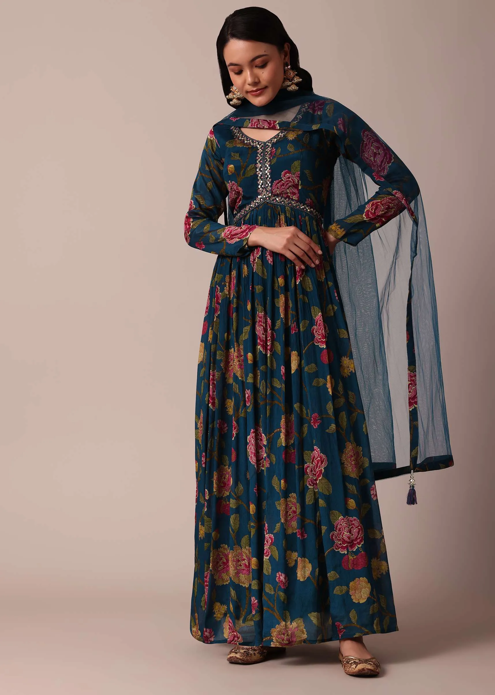 Blue Printed Anarkali And Dupatta With Cutdana Work