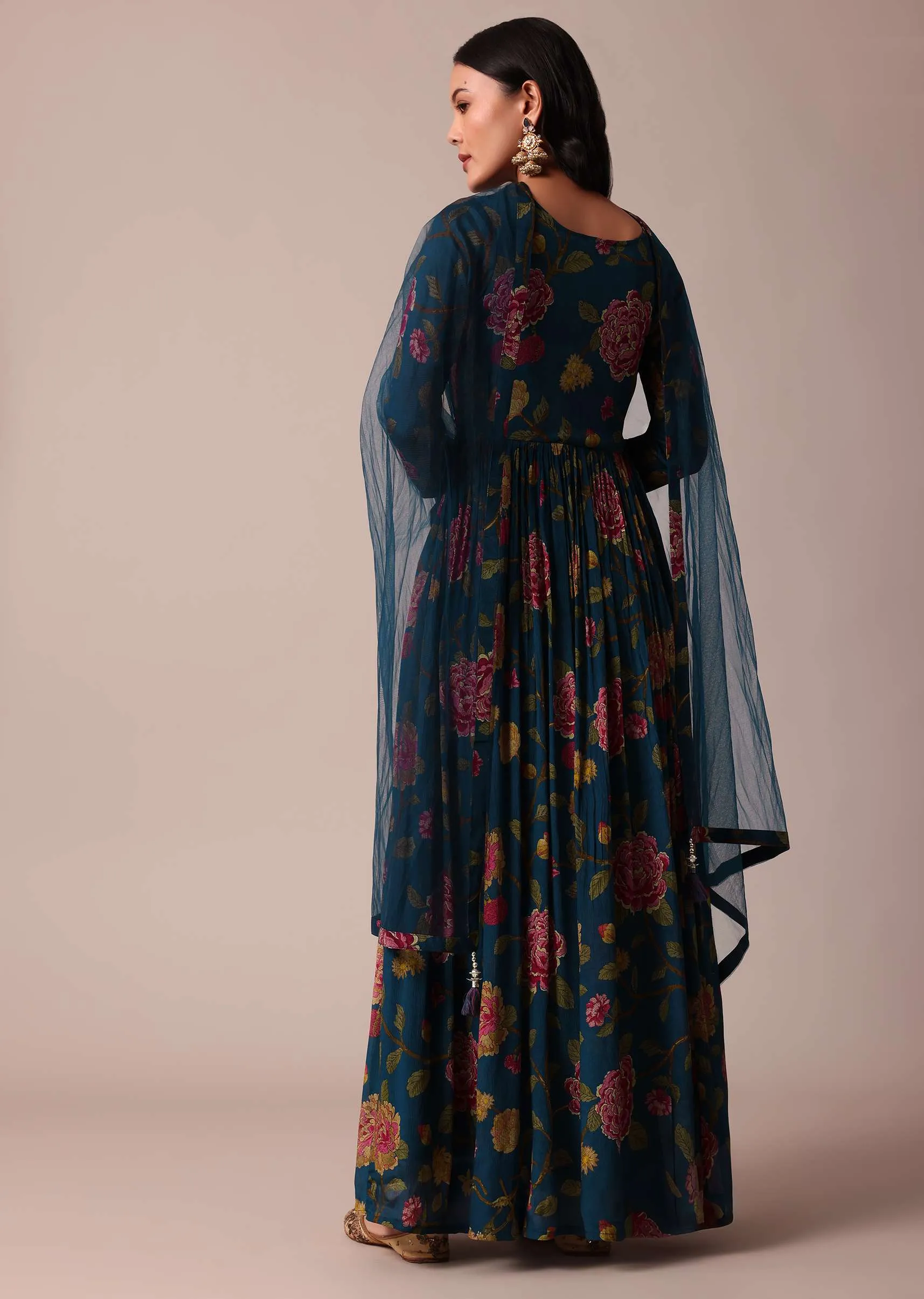 Blue Printed Anarkali And Dupatta With Cutdana Work