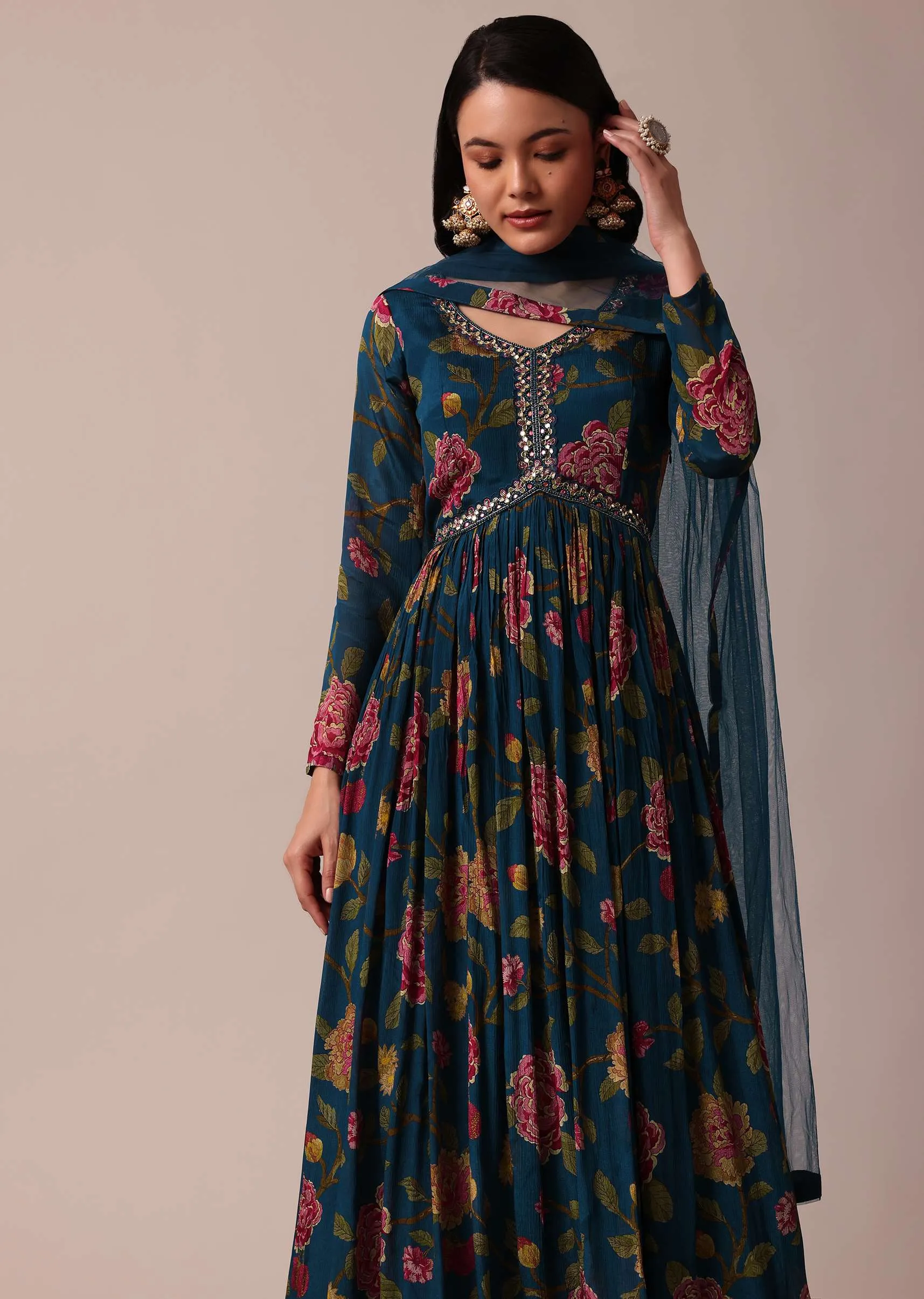 Blue Printed Anarkali And Dupatta With Cutdana Work