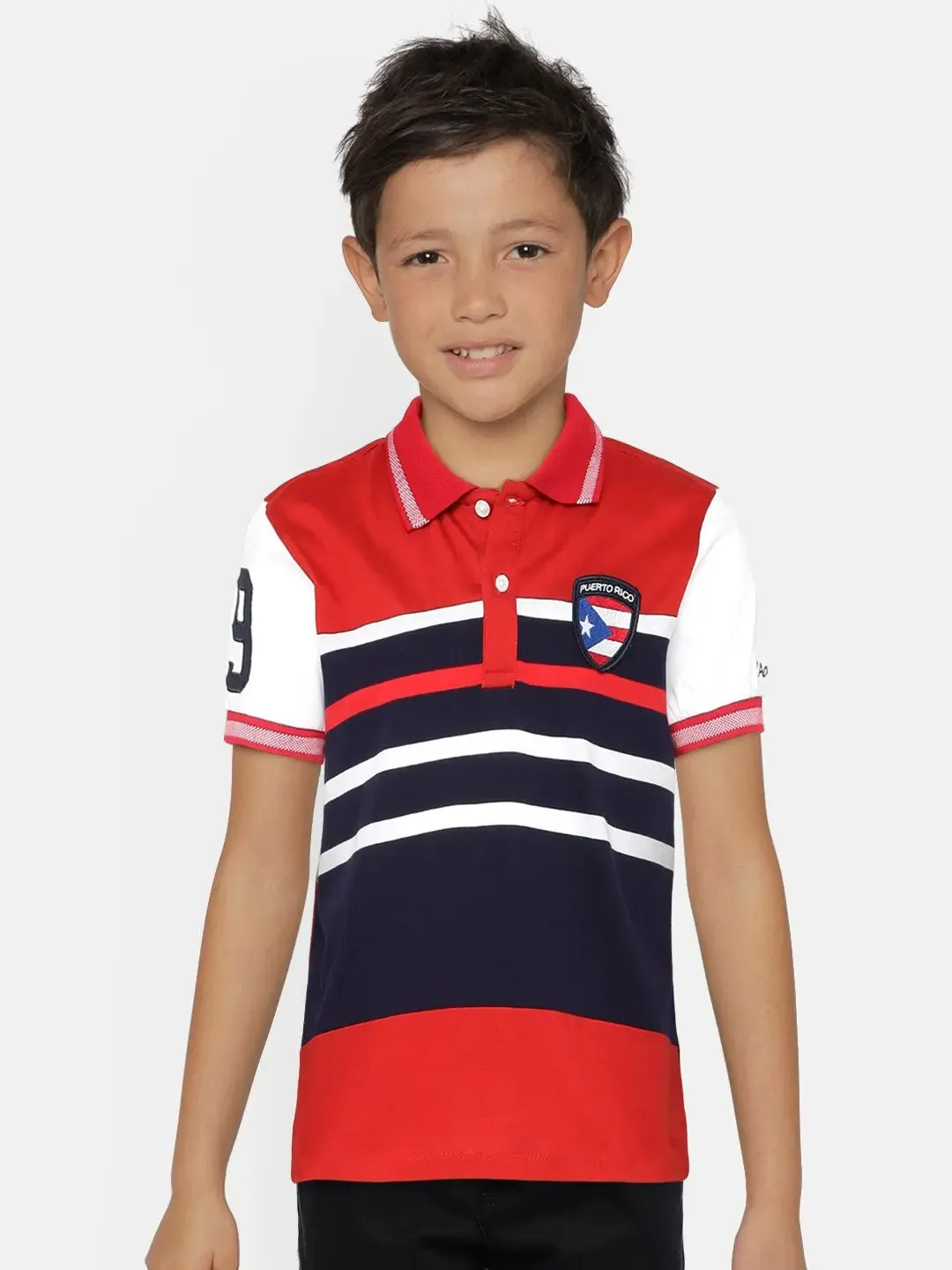Boys Red Striped Polo Mercerised Cotton T-shirt