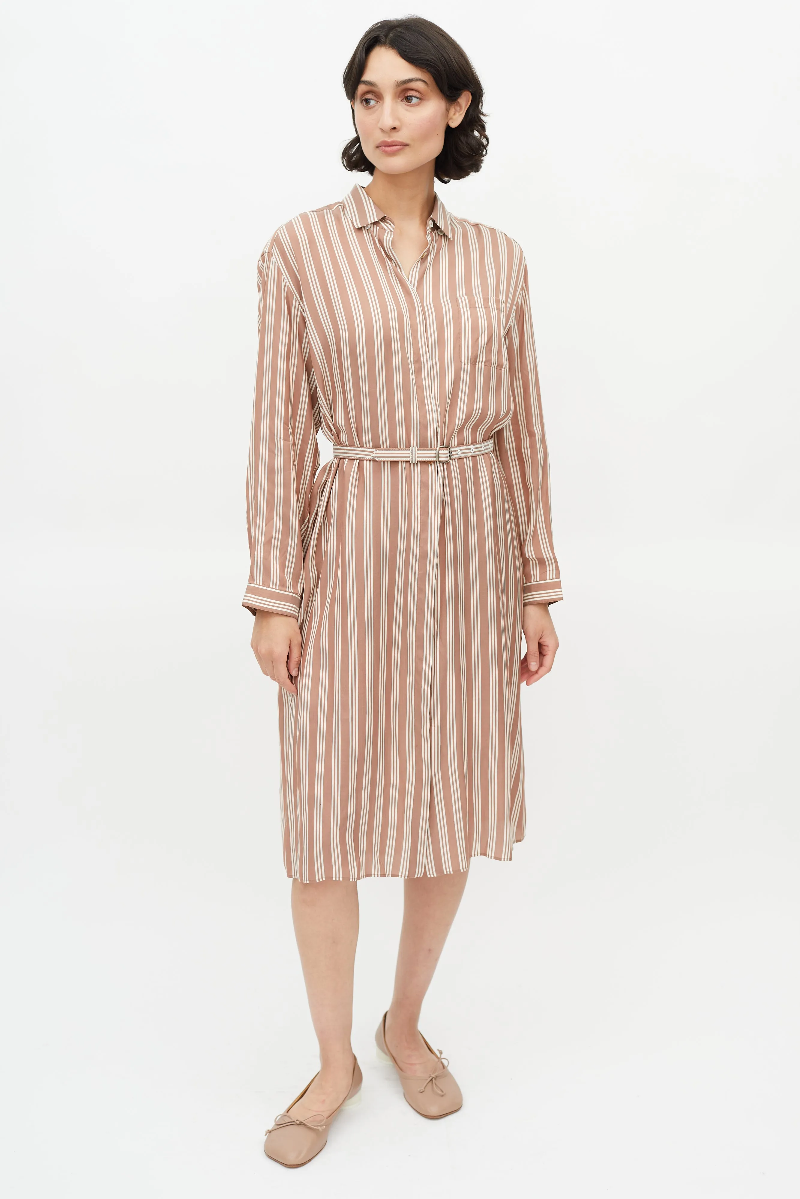 Brown & White Stripe Belted Shirt Dress
