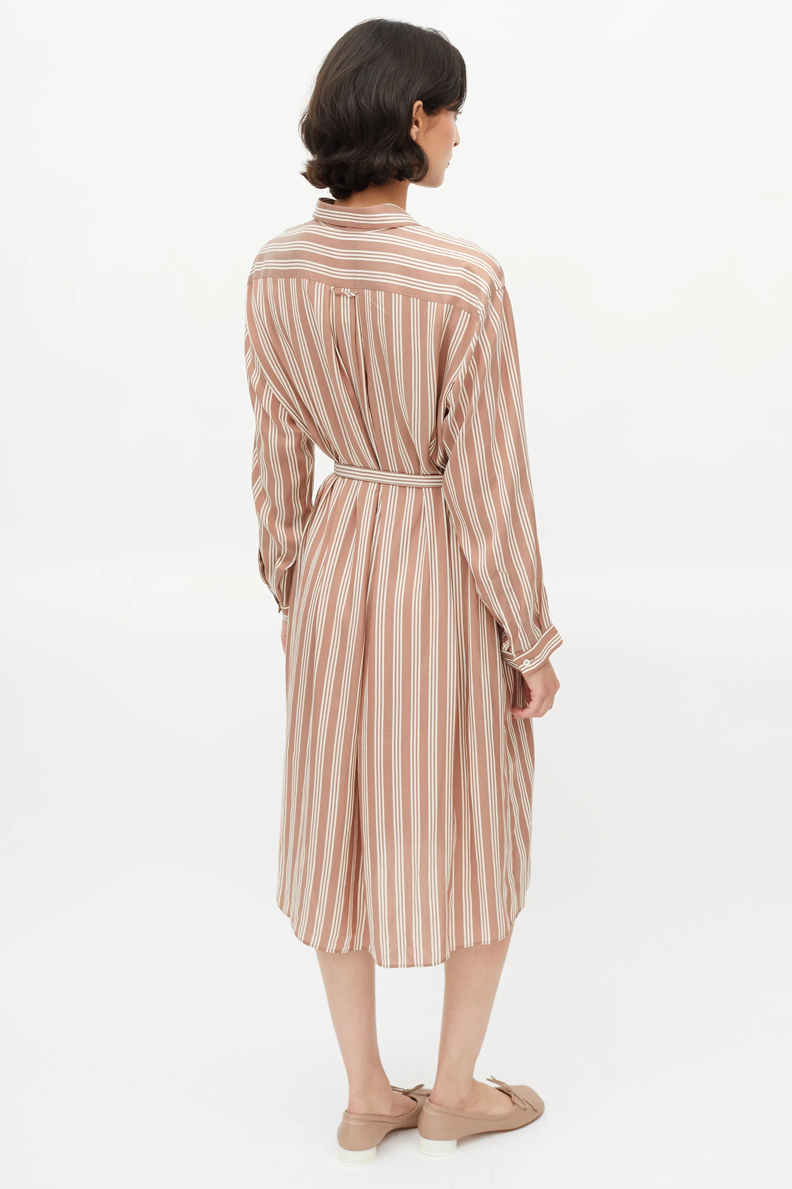 Brown & White Stripe Belted Shirt Dress
