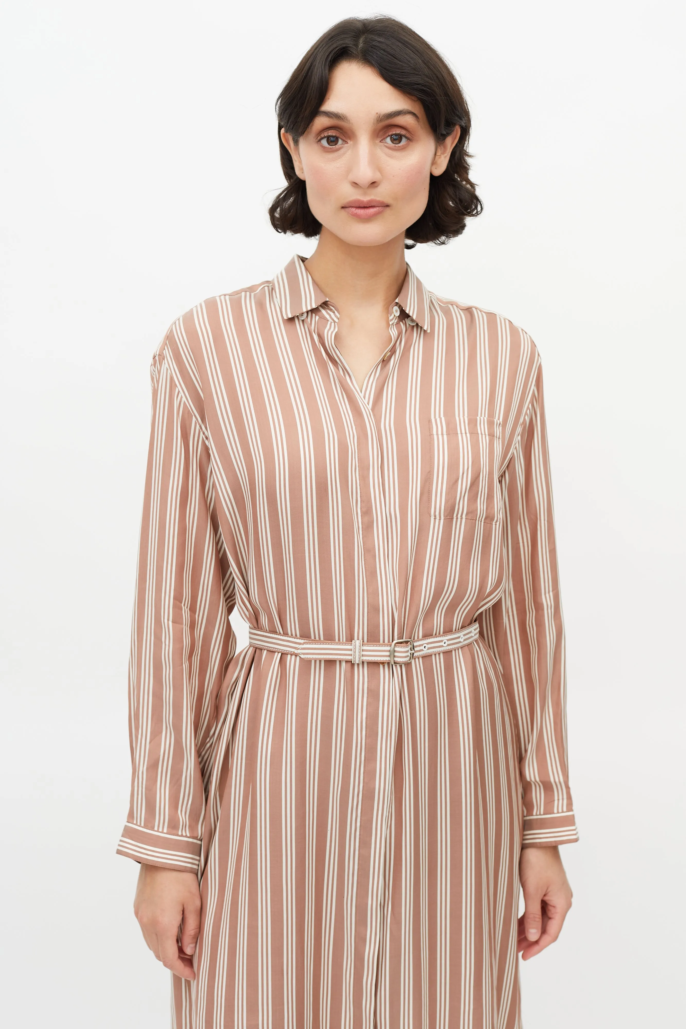 Brown & White Stripe Belted Shirt Dress
