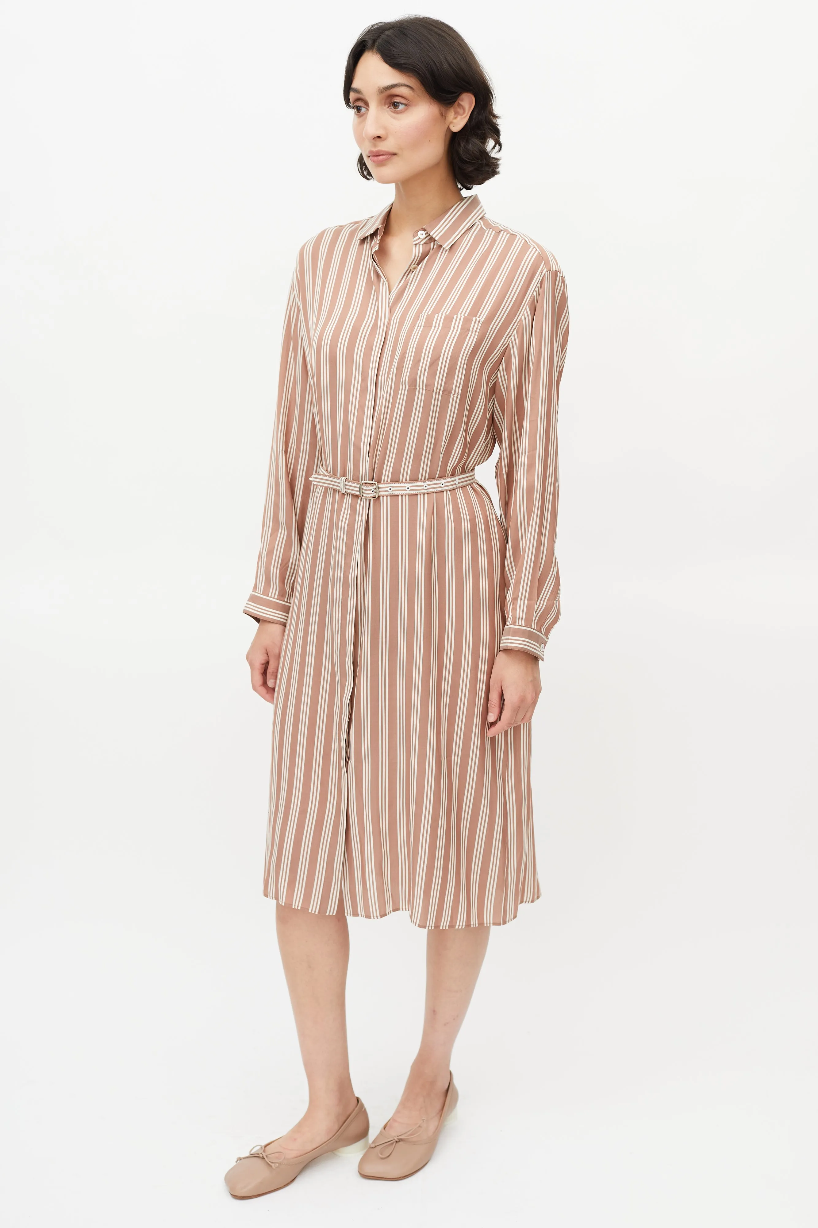 Brown & White Stripe Belted Shirt Dress