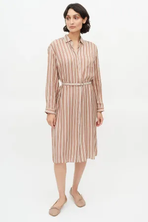 Brown & White Stripe Belted Shirt Dress