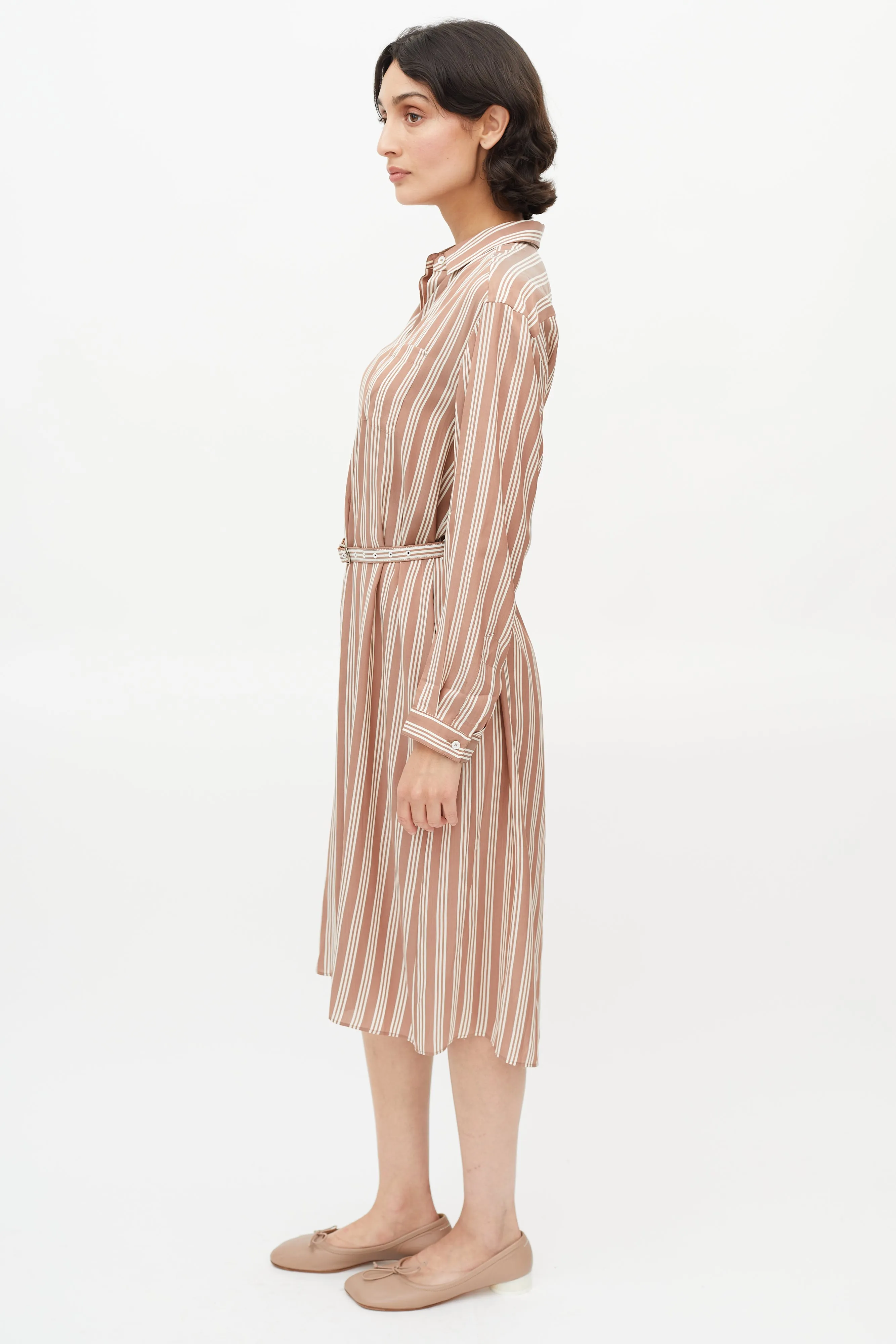 Brown & White Stripe Belted Shirt Dress