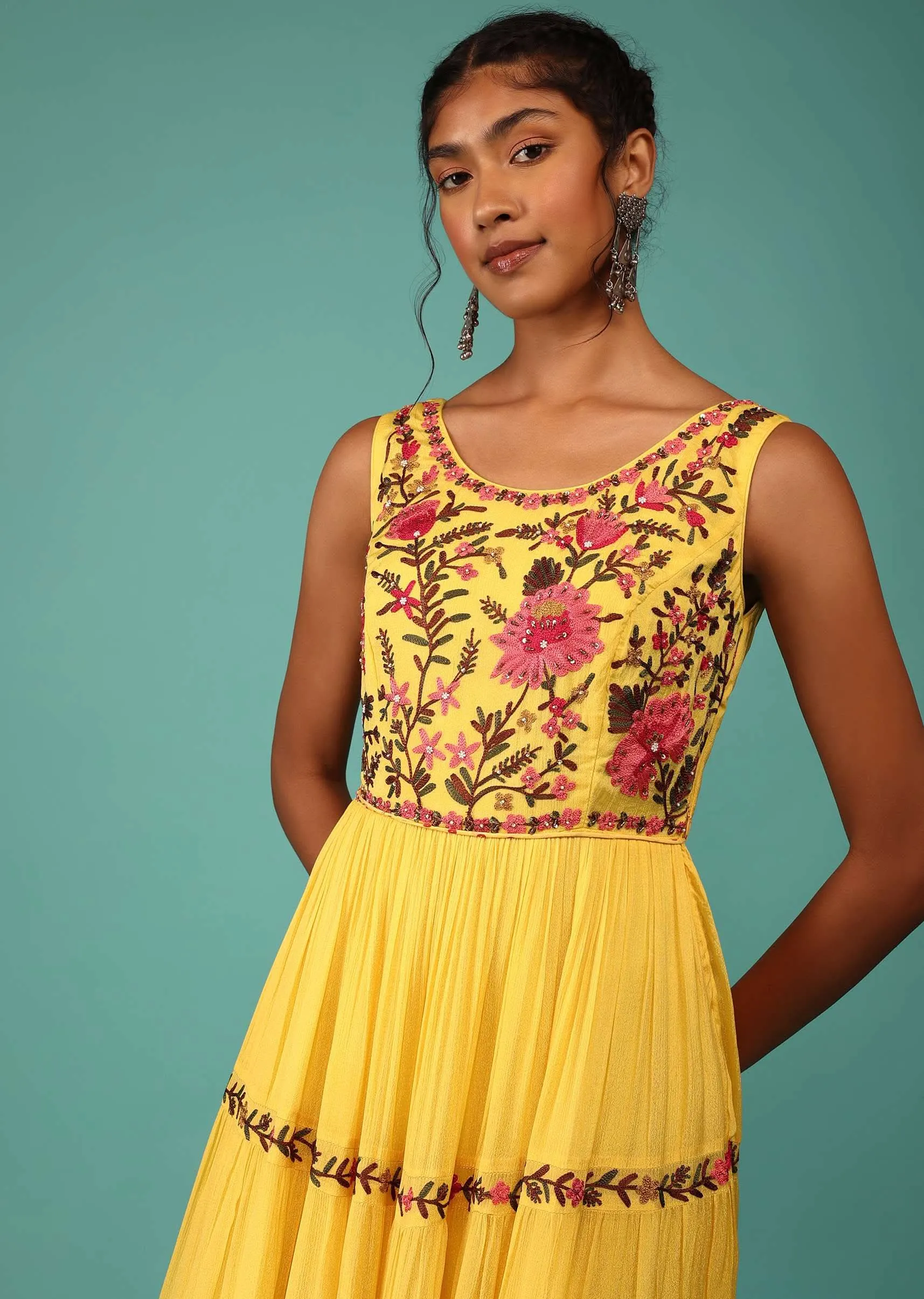 Canary Yellow Flowy Dress In Chiffon With Floral Kashmiri Thread Work And Embroidery