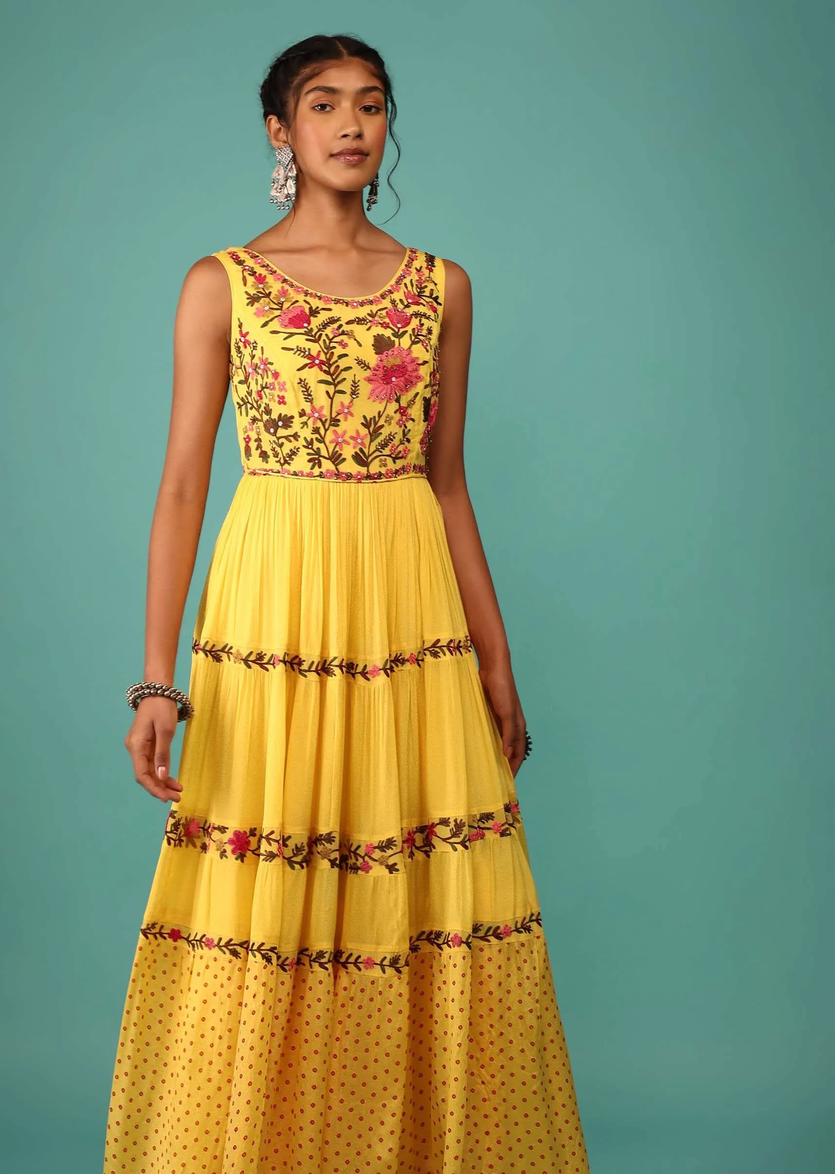 Canary Yellow Flowy Dress In Chiffon With Floral Kashmiri Thread Work And Embroidery
