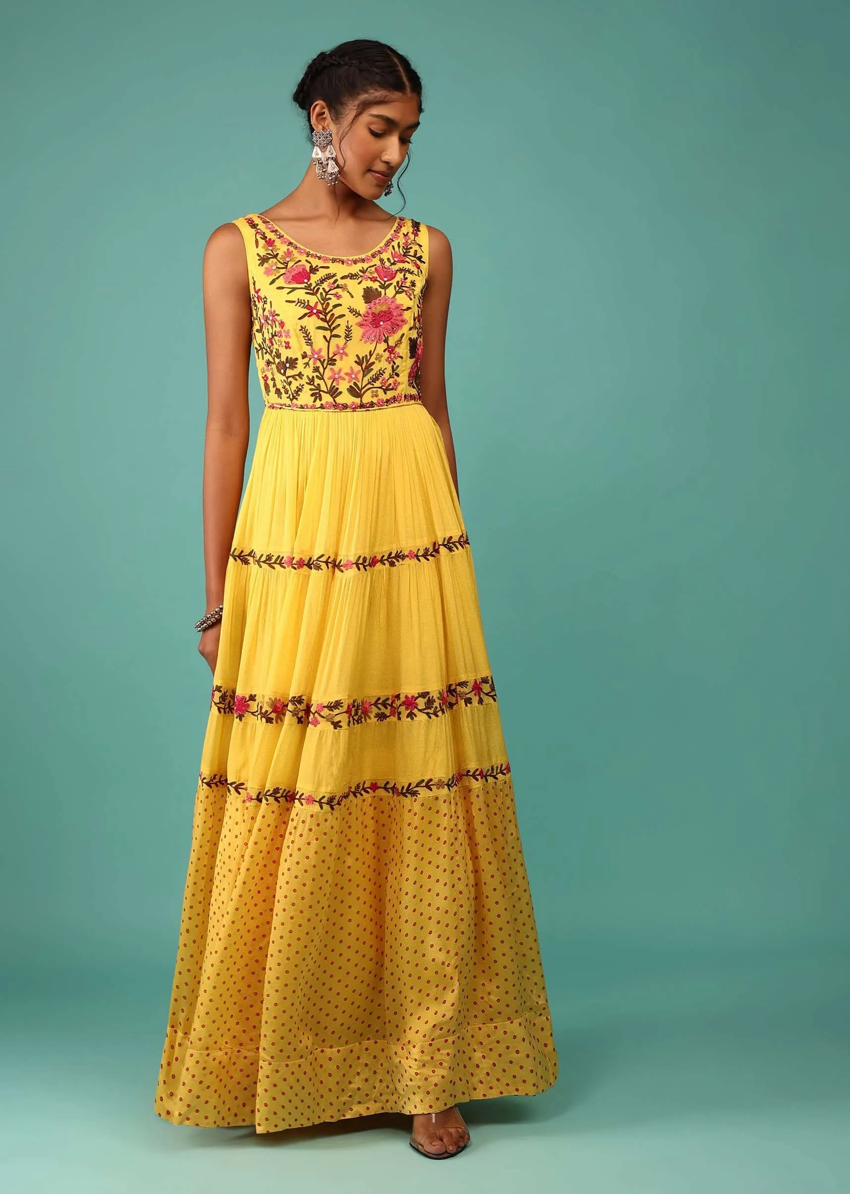 Canary Yellow Flowy Dress In Chiffon With Floral Kashmiri Thread Work And Embroidery