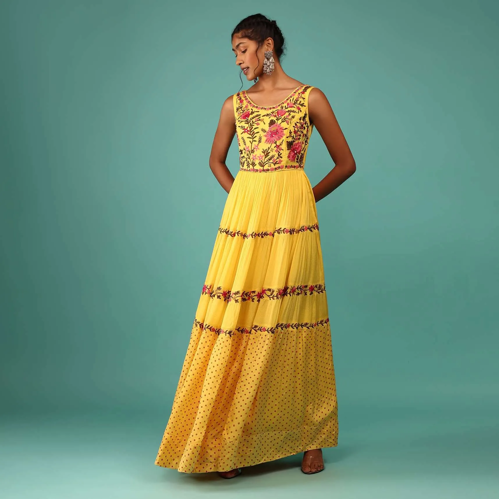 Canary Yellow Flowy Dress In Chiffon With Floral Kashmiri Thread Work And Embroidery