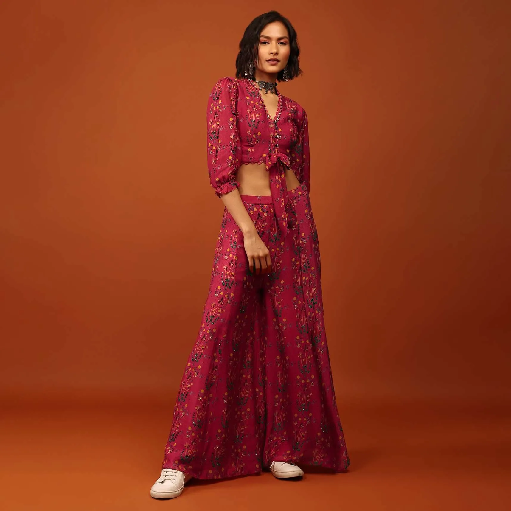 Carmine Red Print Blouse And Palazzo In V Neckline & Balloon Flute Sleeves With Embellishment