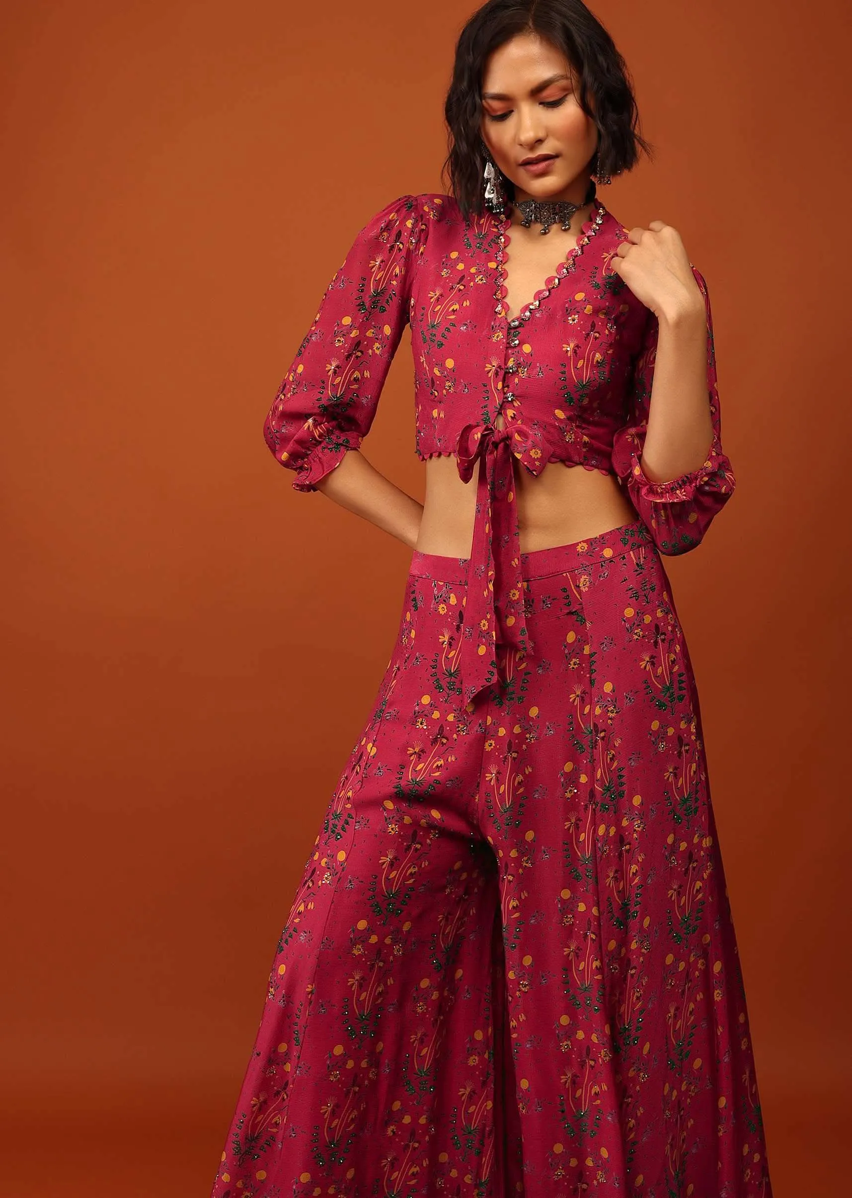 Carmine Red Print Blouse And Palazzo In V Neckline & Balloon Flute Sleeves With Embellishment
