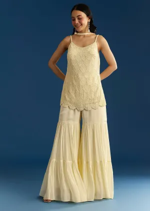 Cream Georgette Kurta Sharara Set With Dupatta