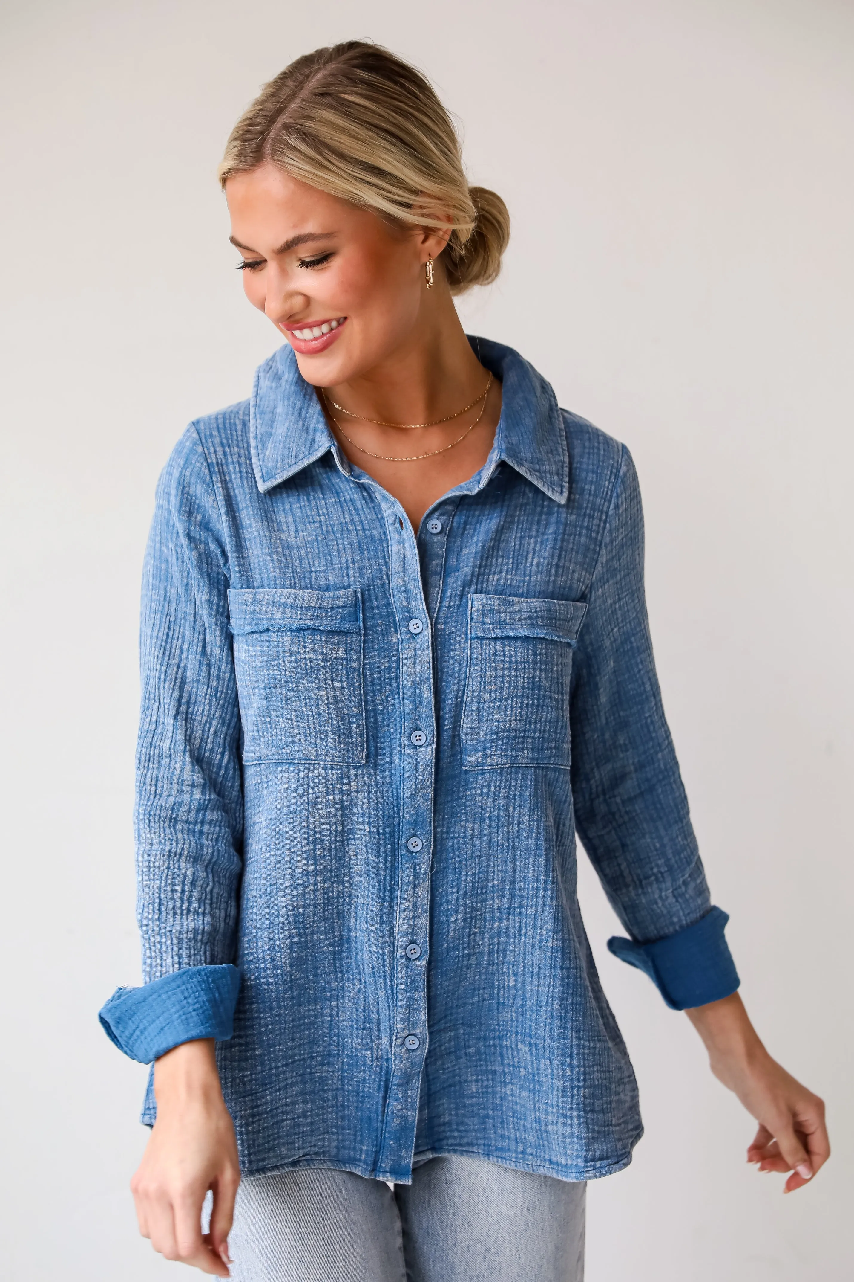 FINAL SALE - Morgan Denim Linen Button-Up Blouse - DU DEAL