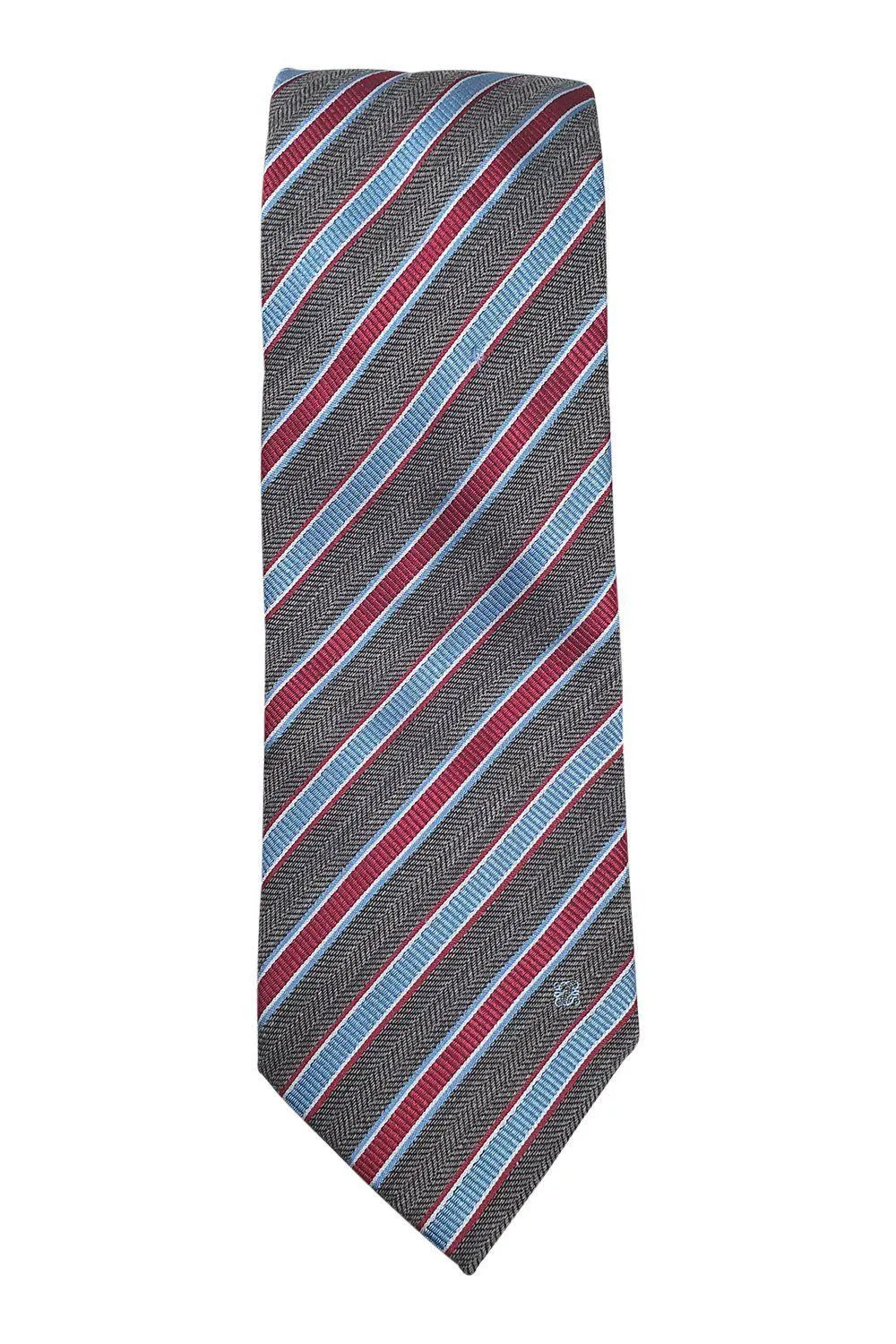 LOEWE 100% Silk Brown Tie Red Blue And White Stripes Repeat (60" L | W 3.3")
