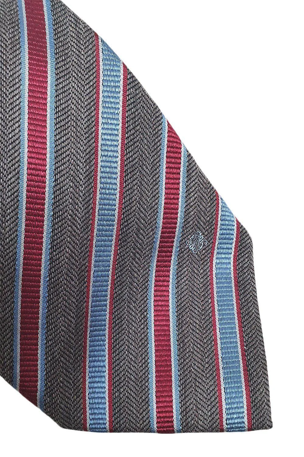LOEWE 100% Silk Brown Tie Red Blue And White Stripes Repeat (60" L | W 3.3")
