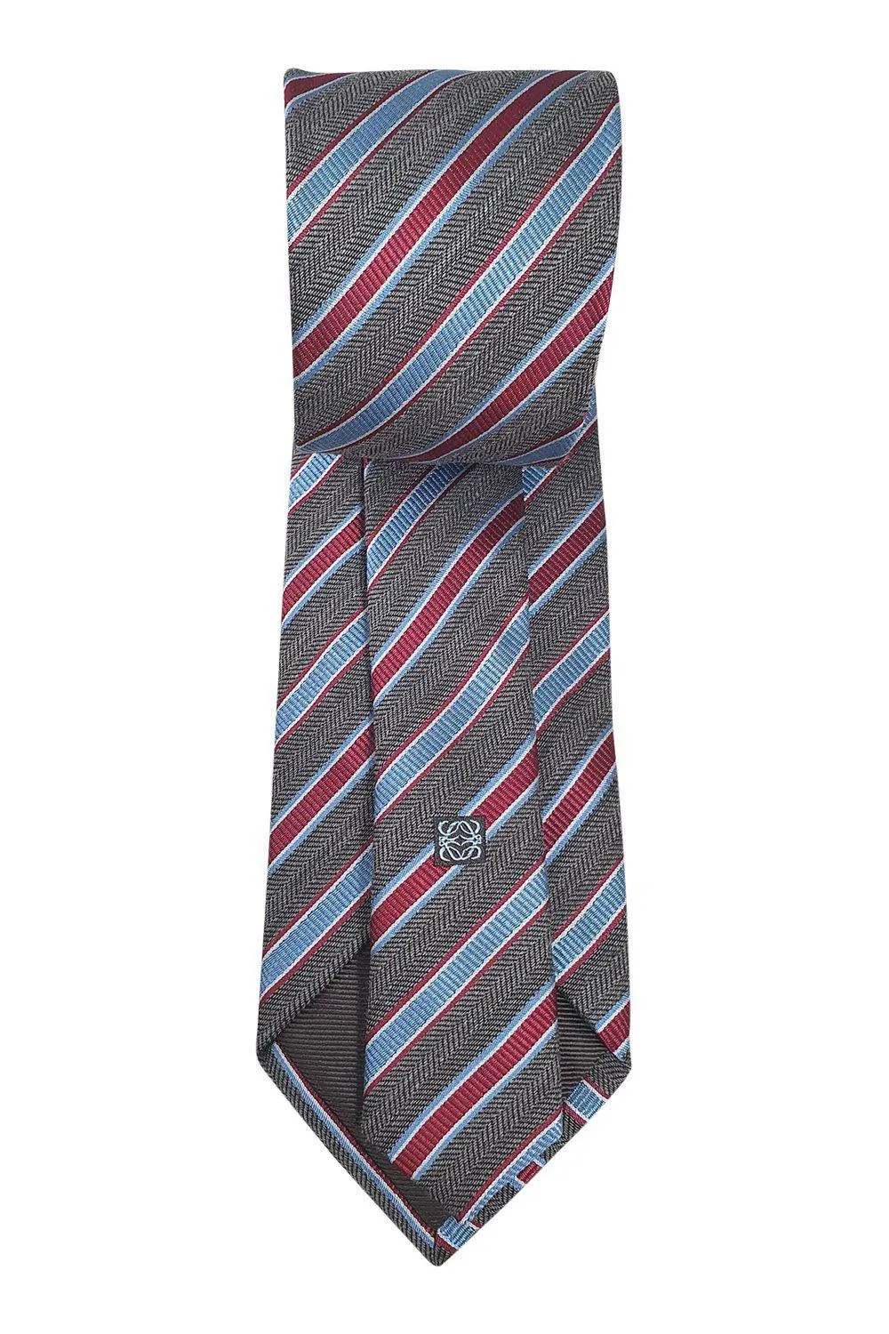 LOEWE 100% Silk Brown Tie Red Blue And White Stripes Repeat (60" L | W 3.3")