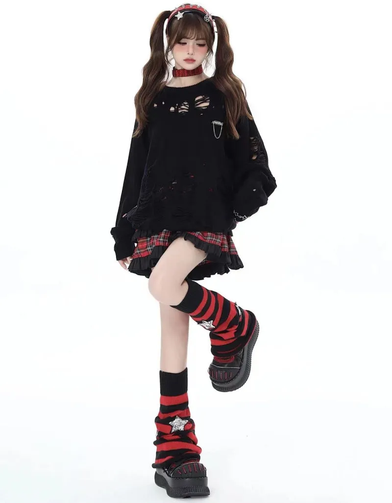 Red And Black Striped Mid Stars Pile Socks
