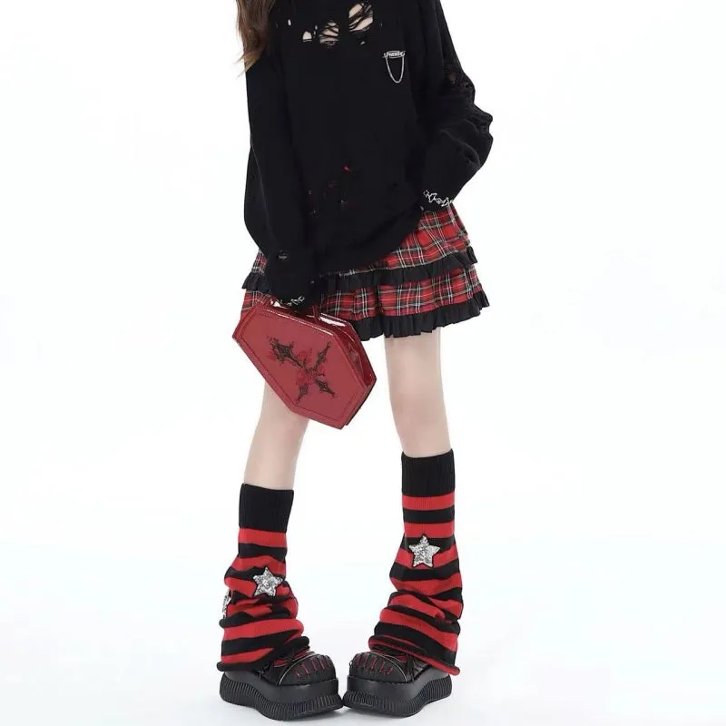 Red And Black Striped Mid Stars Pile Socks