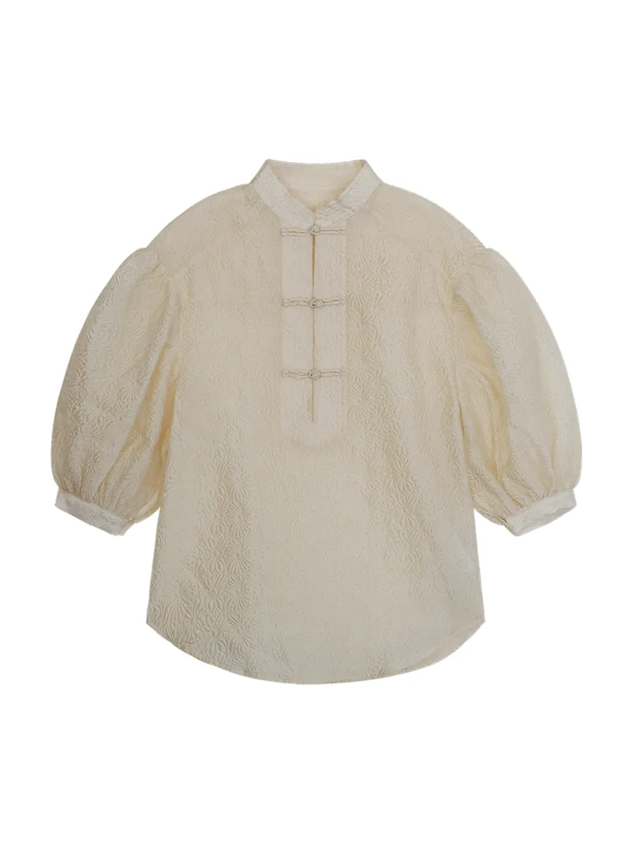 Sushe pattern embossed Chinese style buckle slim top shirt -iota