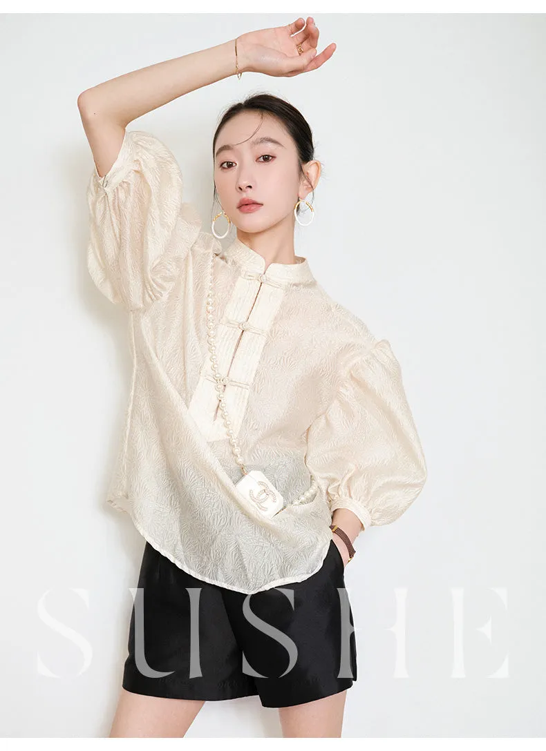 Sushe pattern embossed Chinese style buckle slim top shirt -iota