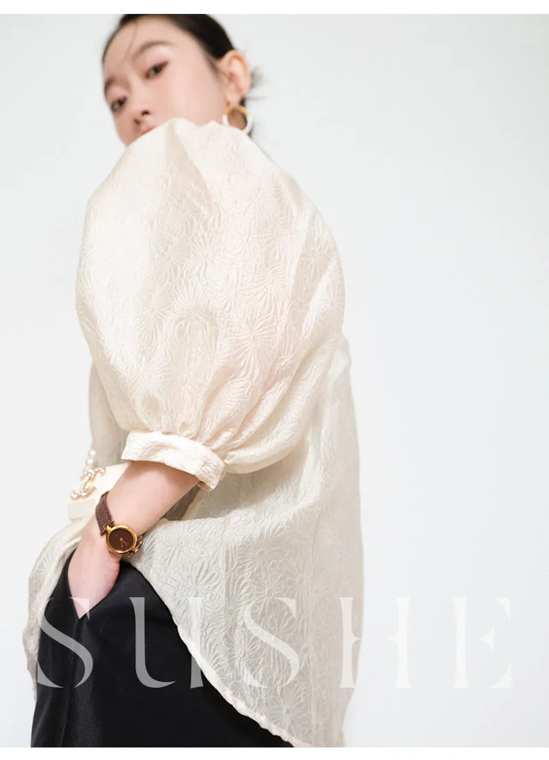 Sushe pattern embossed Chinese style buckle slim top shirt -iota