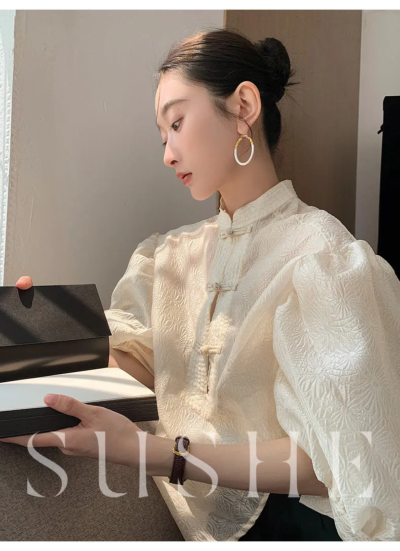 Sushe pattern embossed Chinese style buckle slim top shirt -iota