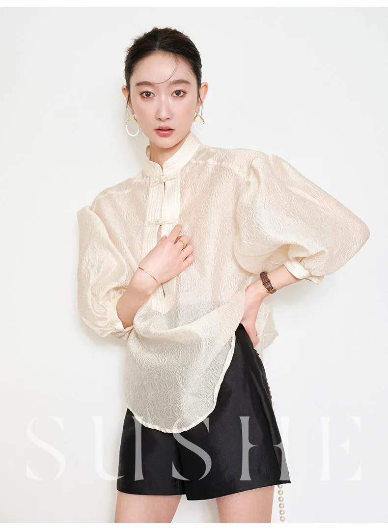 Sushe pattern embossed Chinese style buckle slim top shirt -iota