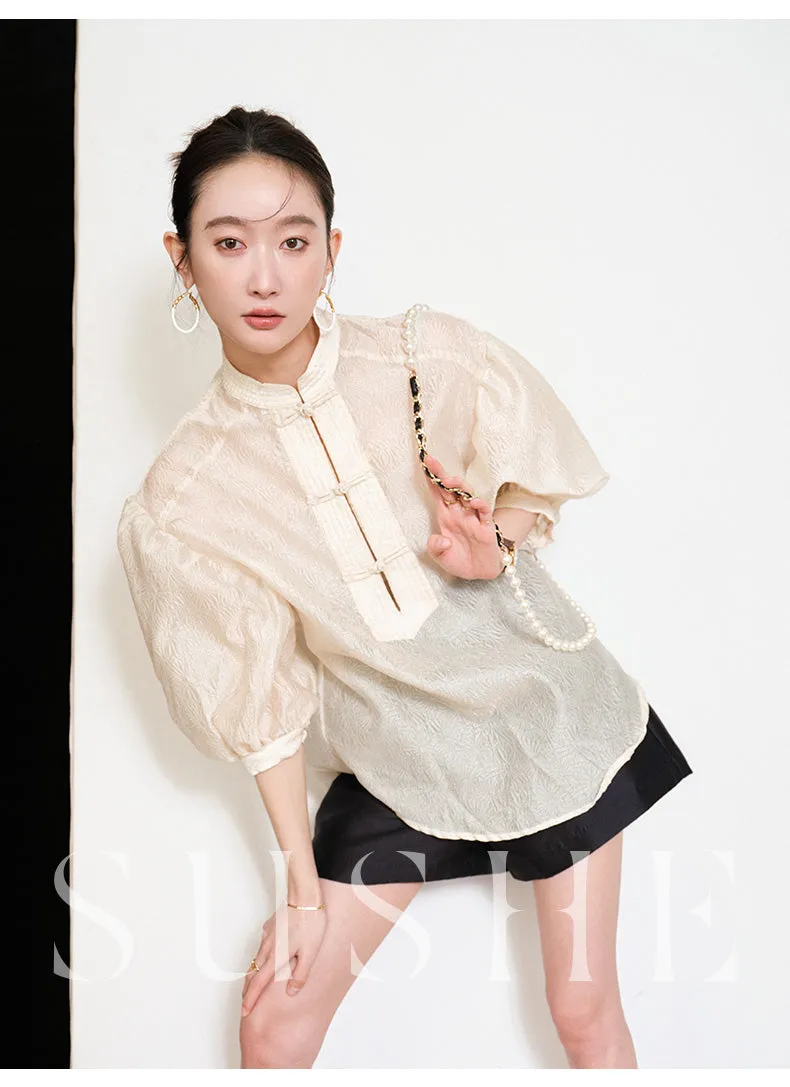 Sushe pattern embossed Chinese style buckle slim top shirt -iota