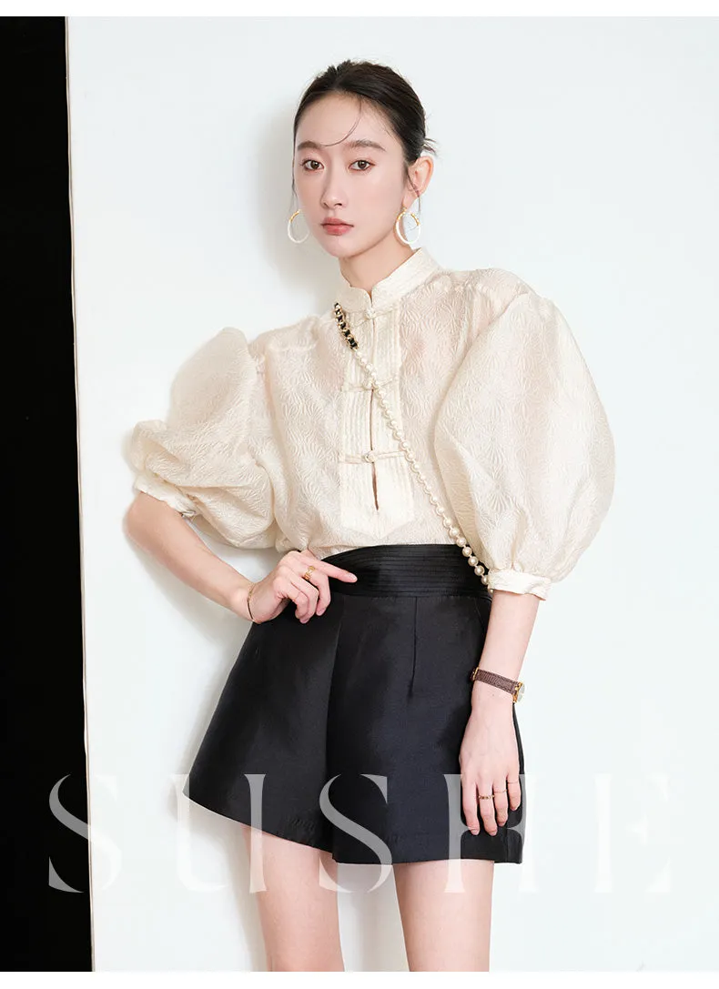 Sushe pattern embossed Chinese style buckle slim top shirt -iota