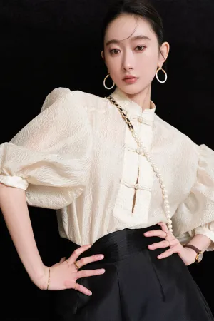 Sushe pattern embossed Chinese style buckle slim top shirt -iota