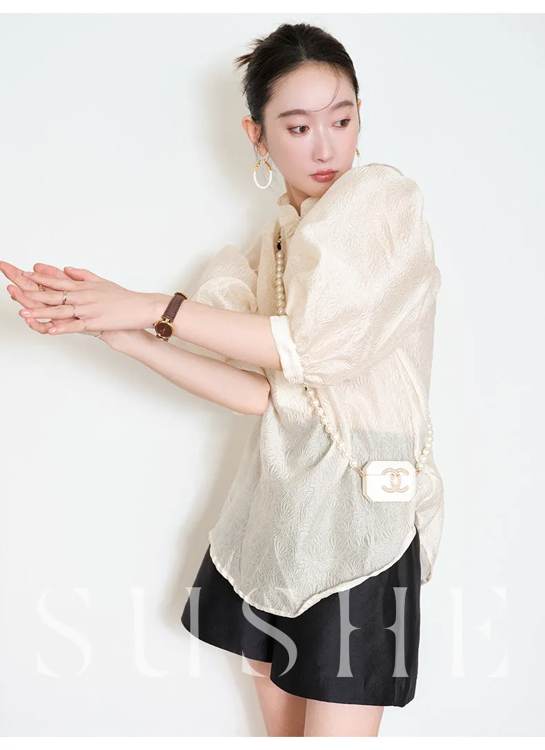Sushe pattern embossed Chinese style buckle slim top shirt -iota