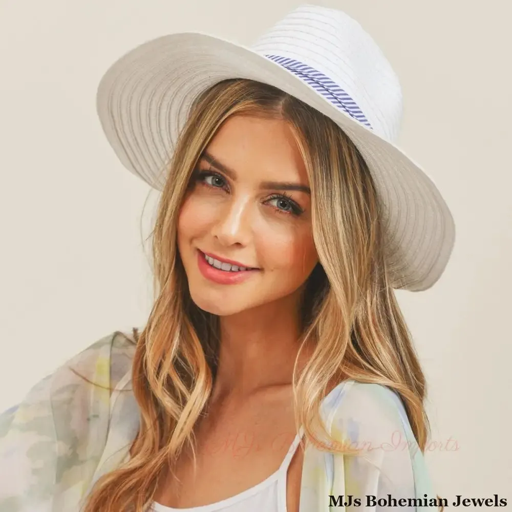 White Navy Striped Bow Fedora